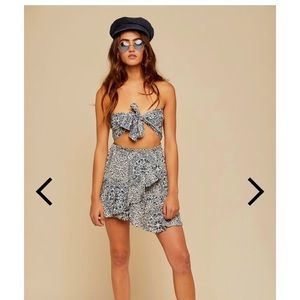 Blue floral mini dress with tie top.